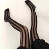 Vintage Striped Pantyhoses Women'S Sexy Sheer Wide Vertical Stripe Black Tights Retro Classic Nylon Hosiery Thigh High Stockings