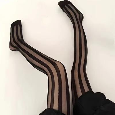 Vintage Gestreifte Strumpfhosen Damen Sexy Transparent Breite Vertikale Streifen Schwarze Strumpfhosen Retro Klassisch Nylon Strumpfwaren Oberschenkelhohe Strümpfe