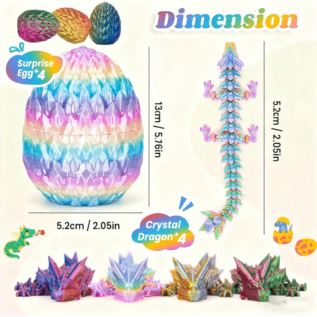 Set of 4 3D Dragon Statues, Dragon Egg Set, 130mm Length, Colored, Movable Joints, Creative Toy, Gift Choice