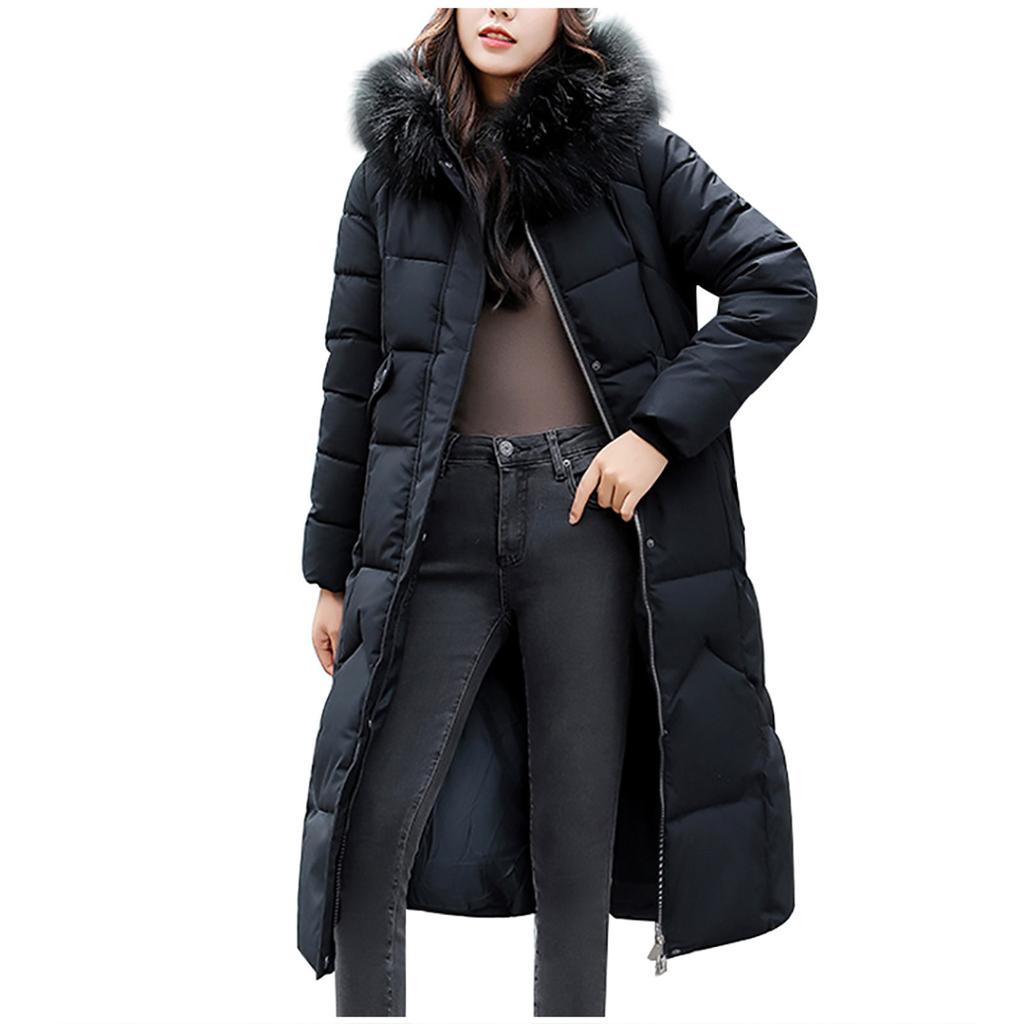Womens Winter Jacket Warm Overcoat Slim Fur-Hooded Zipper Thicker Coat Outwear