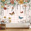 1pc Colorful Floral Butterflies  Pink Grid Pattern Tapestry Wall Hanging  Peach Light Beige Fabric Wrinkle  Fade Resistant