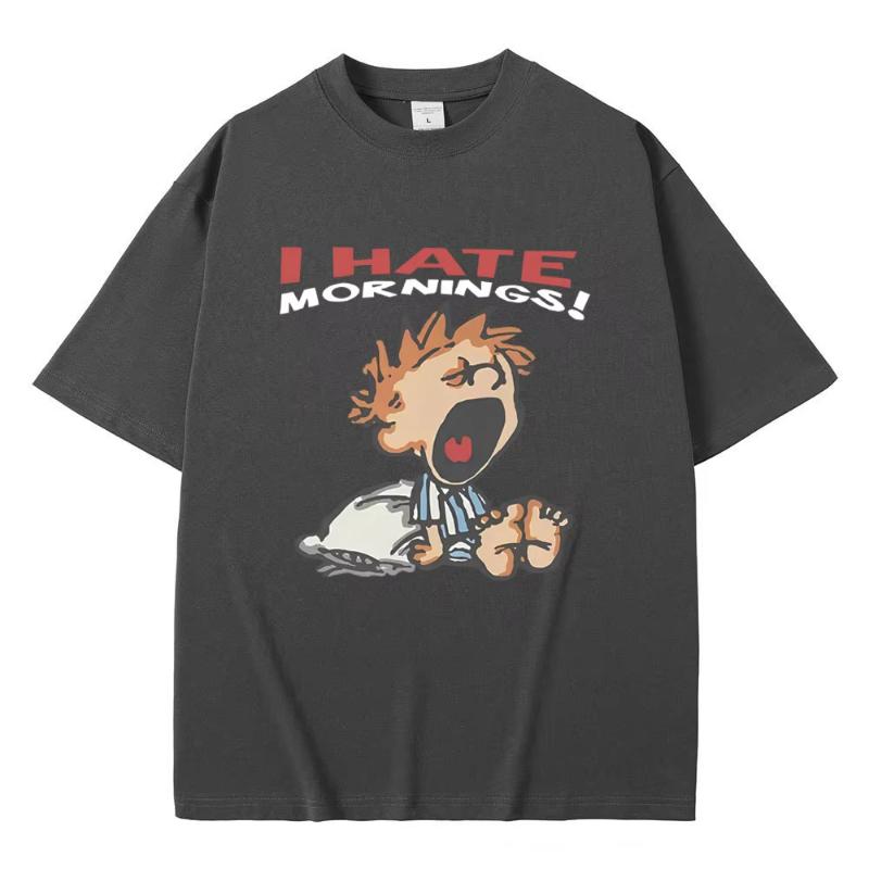 Ich hasse Morgen T-Shirt Unisex Damen Mode Lustig Retro Cartoon T-Shirts Unisexs Lässig Baumwolle Kurzarm T-Shirts Streetwear