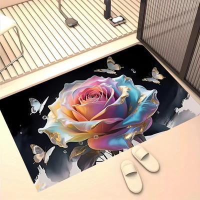 3D Rose Bathroom Rug Realistic Rose And Butterflies Floor Mat Absorbent Non-Slip Rug for Entrance Kitchen Bedroom Living Room