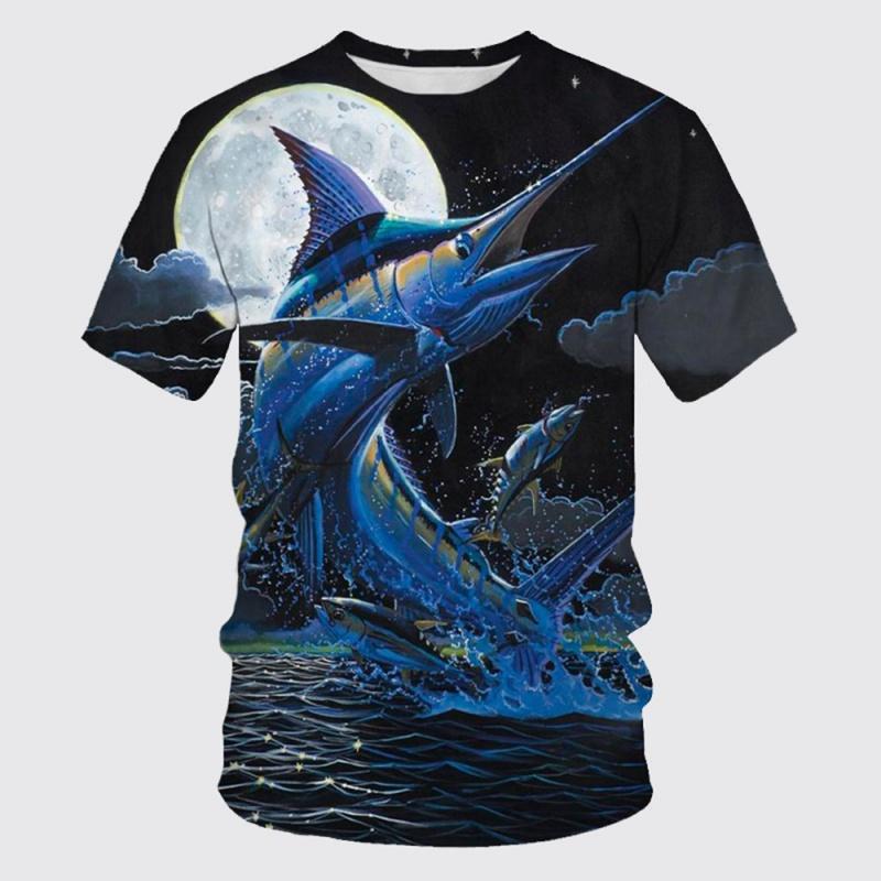 

Men s Fun Fish 3D Printed T-shirt with Marine Animal Cartoon Pattern Round Neck Top, Fashionable and Casual Loose Short Sleeve Street Wear XS