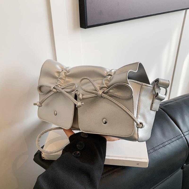 Womens Aesthetic PU Leather Underarm Bag Pleated Sweet Bowknot Shoulder Crossbody Bag Adjustable Armpit Handbag Purse