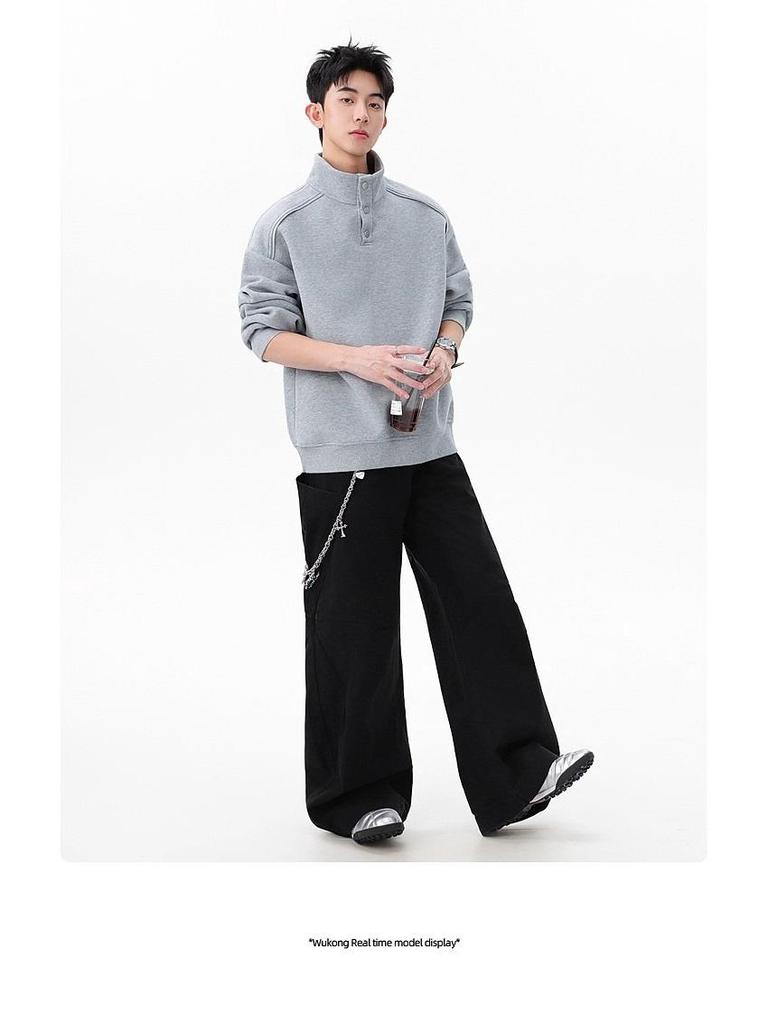 Men's Heavyweight 400g Cotton Stand Collar Hoodie - Autumn High Street Loose-Fit, Versatile Casual Half-Button Design