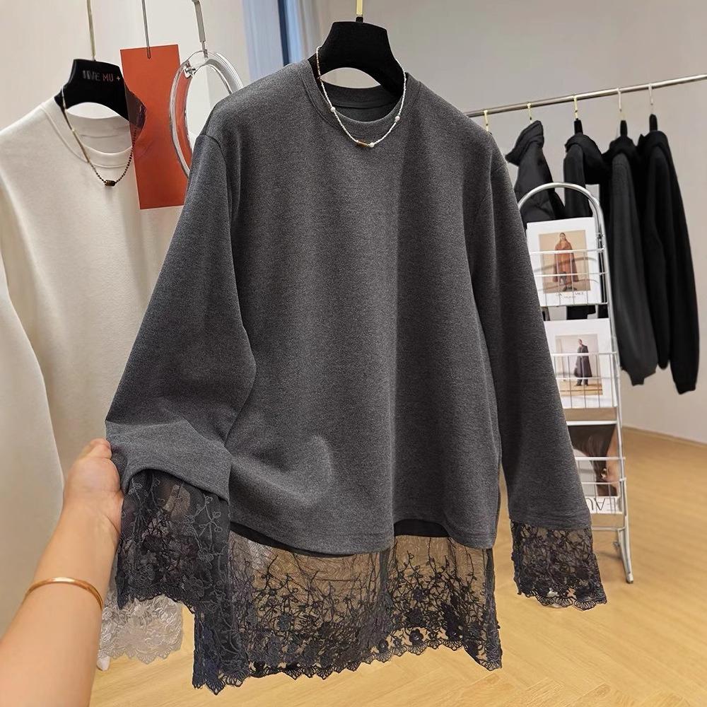 Lace Patchwork Brushed Velour Long Sleeve T-shirt Women's Autumn and Winter Innerwear Wearable Base Layer Stylish