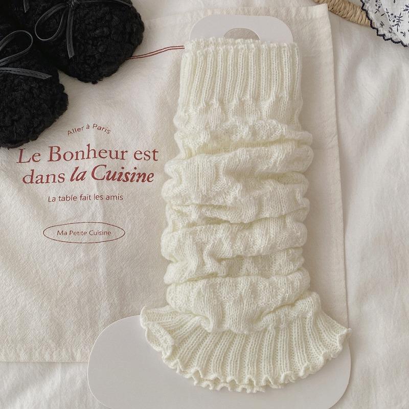 Korean Leg Warmers for Giels Flared Cuff Beige Stackable Slouchy Sleeves Frilly Calf Socks Spring Autumn 2025 Casual Style
