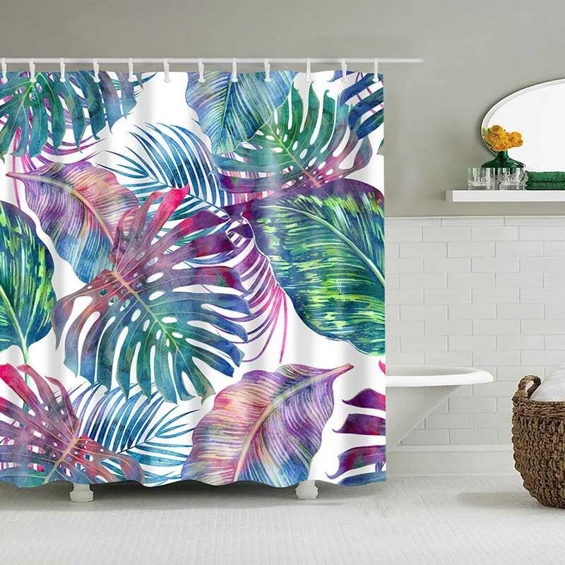 Watercolor Flower Shower Curtain, Vintage Plum Blossom Tropical Plant Green Leaf Bird Elegance, Bathroom Decor Set With Hooks
