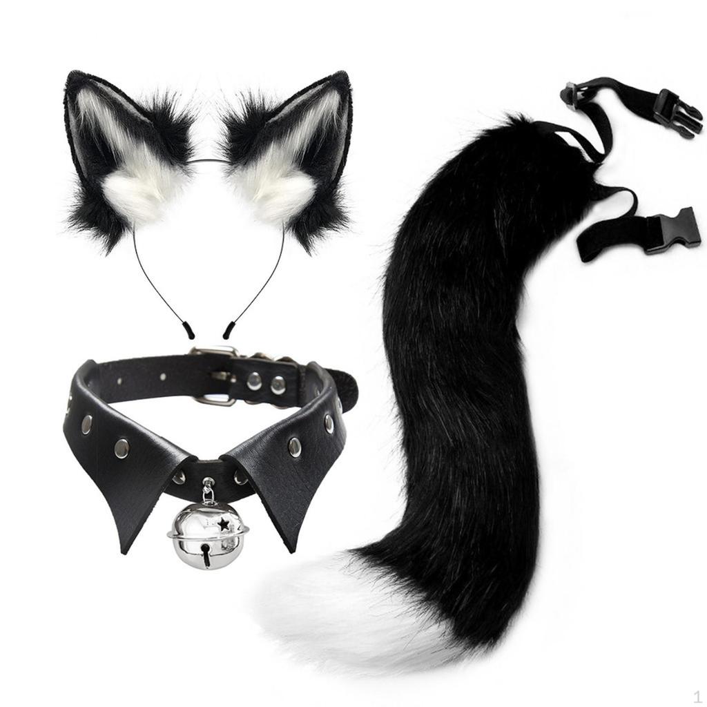 Faux-Faux-Fleece Cat Ears Headband and Tail Bell Collar Set Soft