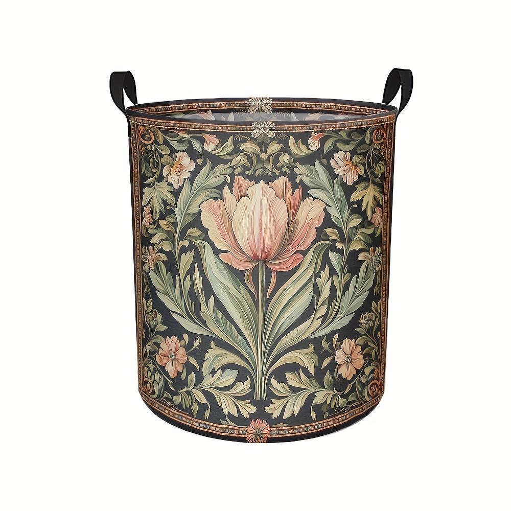1pc, Floral Tapestry Pattern Round Storage Basket Space-Saving Stackable Design Soft Green, Pink, Brown, And Golden Hues Ideal for Bathrooms, Bedrooms