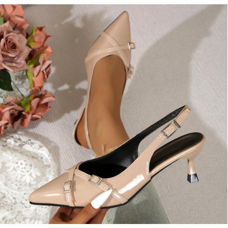 Fashion New Summer Women's Dress Shoes Patent Leather Slip On Pointed Toe Sandals Buckle Slingbacks Mid Heels Pumps Sandalias Mujer