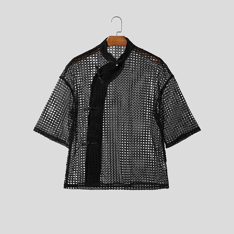 INCERUN Summer Men Short Sleeves See Through Hollow Mesh Beach Tops T-shirts 4XL чёрный