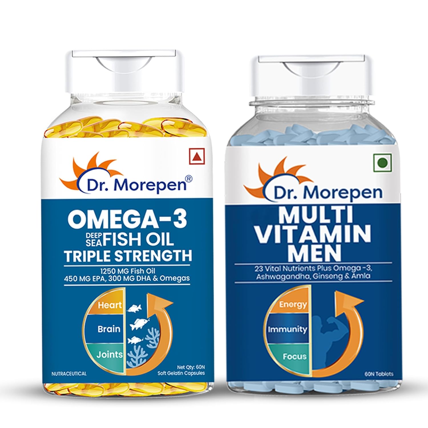 

Dr. Morepen Multivitamin Men And Omega 3 Triple Strength Softgel Capsules For Daily Energy And Active Lifestyle Support 60 Capsules
