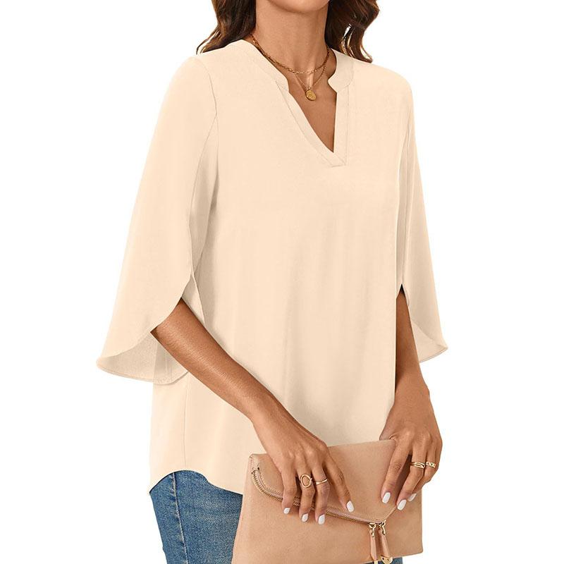 Women Puff Sleeve V Neck Solid Color Summer Chiffon Shirt Blouse Top
