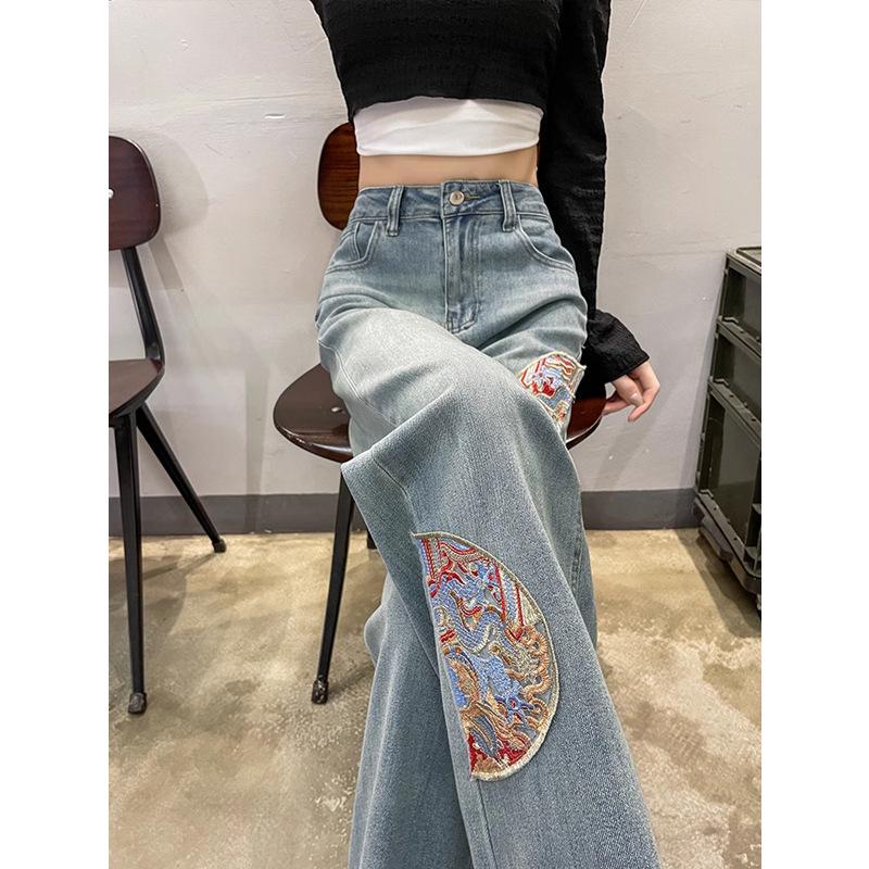 

Women s Spring Wide-Leg Jeans with Chinese-Style Embroidery - High Waist, Light Color, Slim Fit Large