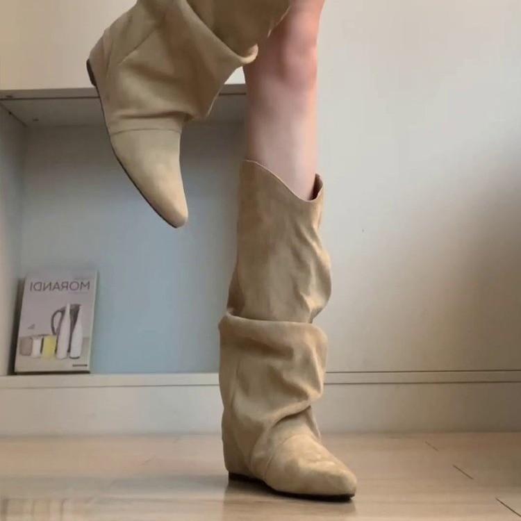 Sheepskin Edition~ High-end Loose Tall Knight Boots Fashion Versatile Pointed Inner Women's Pleated Pile Boots