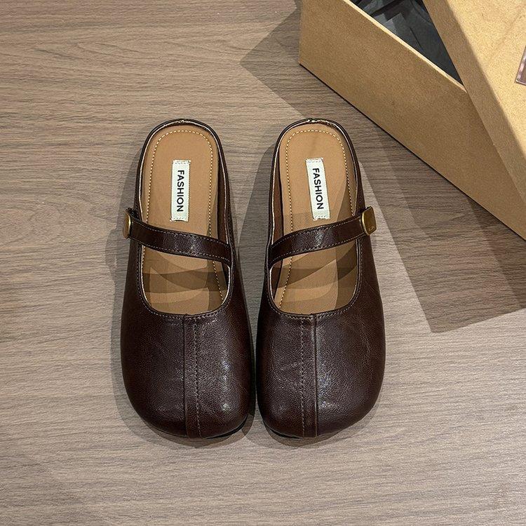 

Баотоу полузакрытые туфли для женской летней носки 2025 новые туфли на плоской мягкой подошве с полуподдержкой, туфли Мэри Джейн на одном ремешке 40 коричневый