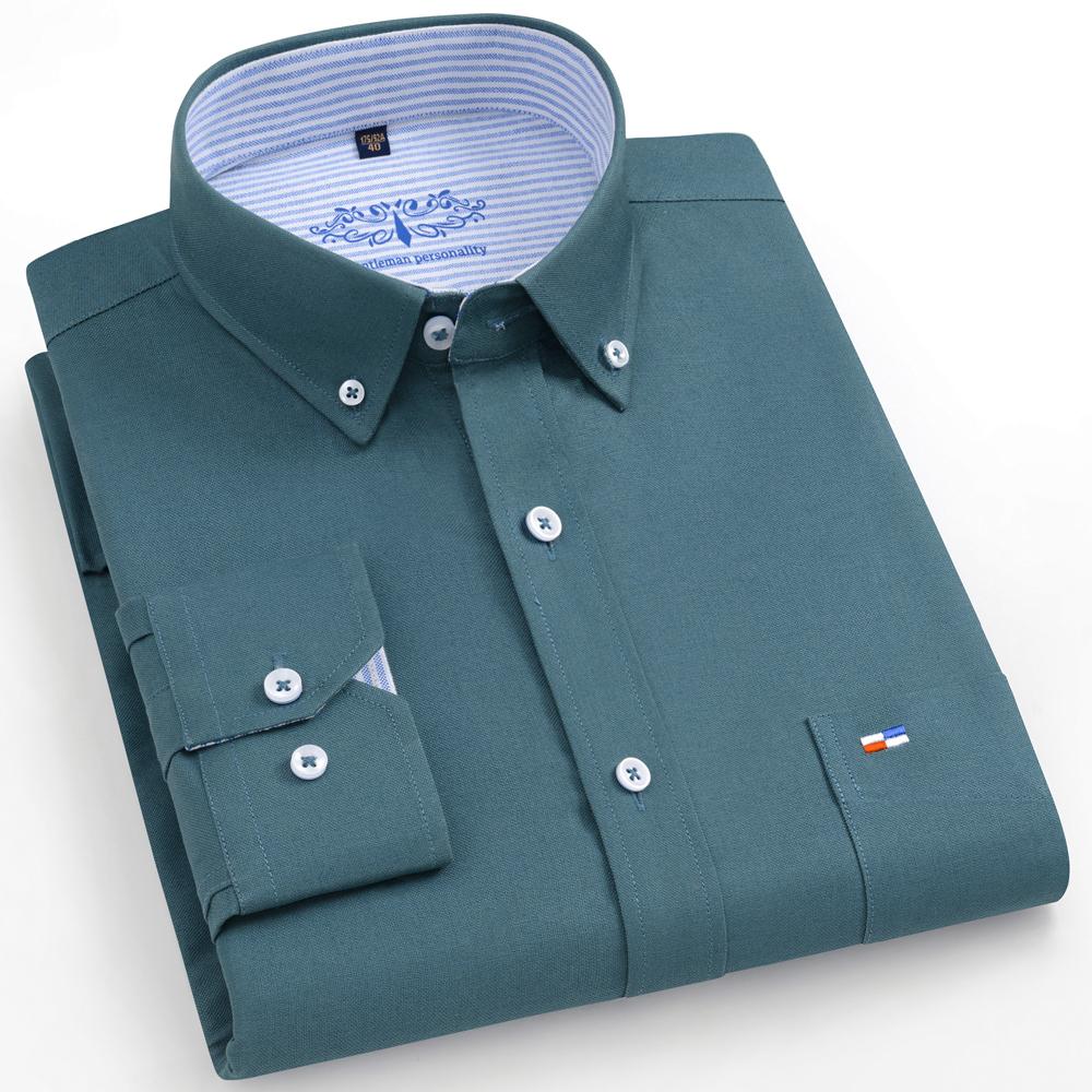Men's Solid Oxford Long Sleeve Dress Shirts Patch Chest Pocket Regular Fit Spring Fall Smart Casual Button Down Shirts