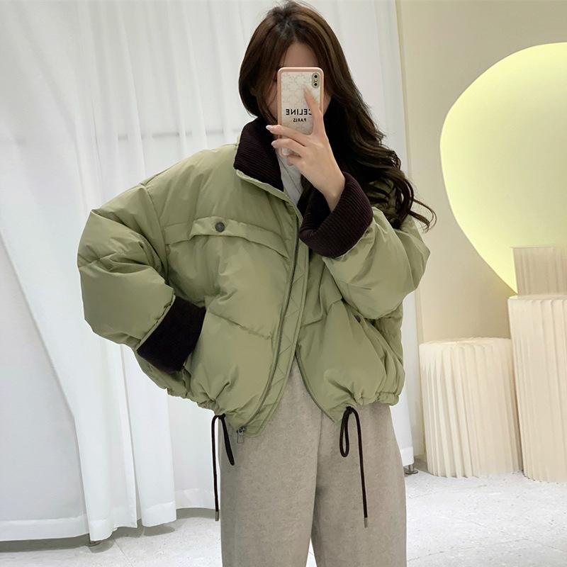 Corduroy contrasting color stand-up collar down jacket women's 2024 winter fashion sweet warm white duck down small bread jacket