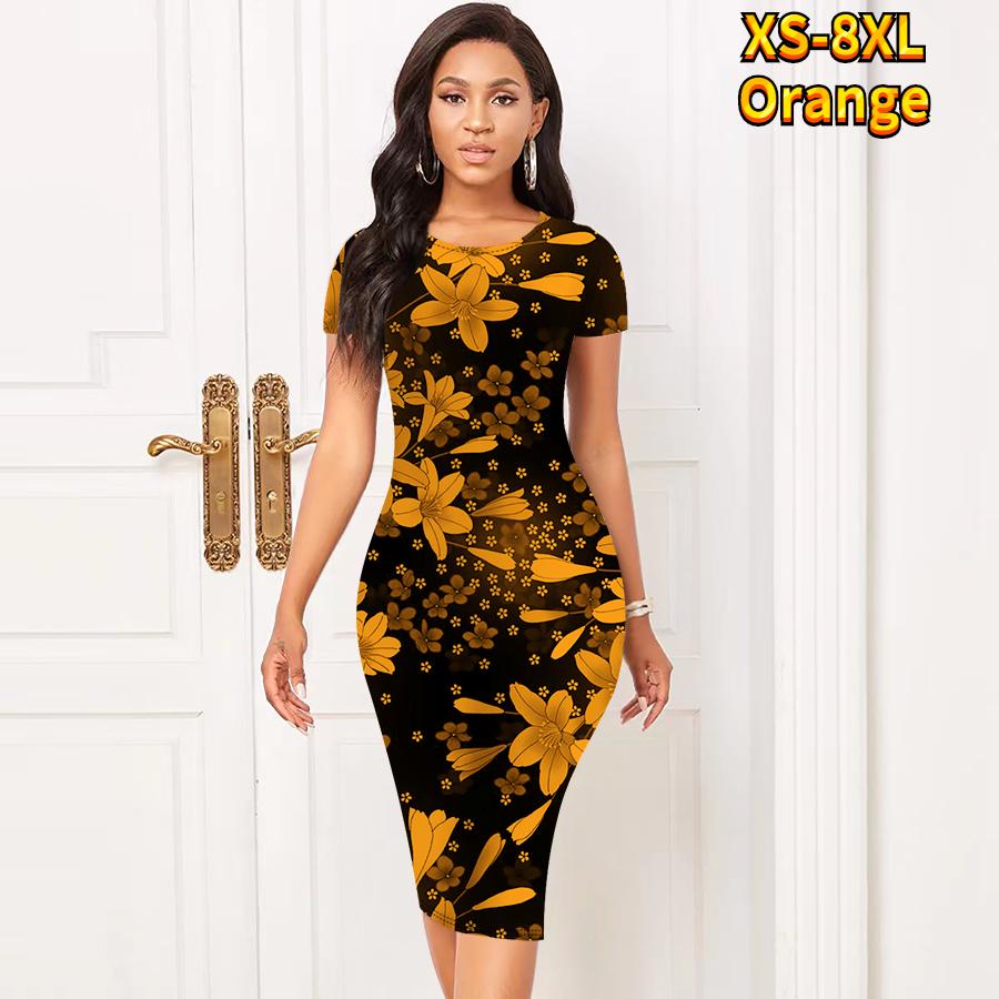 Slim Short Sleeve Knee-length Dress Fashion Women Midi 3D Multicolored Flowers Print Dress