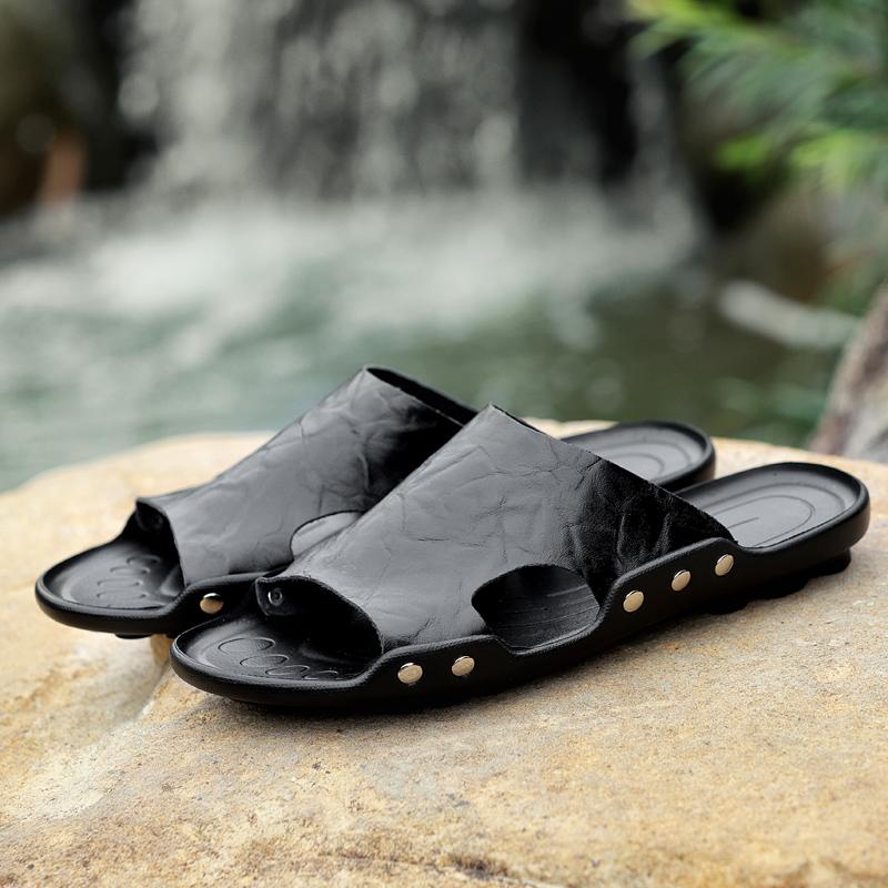 Fashion High Quality Slippers Men Genuine Leather Luxury Brand 2024 New Beach Flats Summer Casual Flip Flops Outdoor Slides for Men