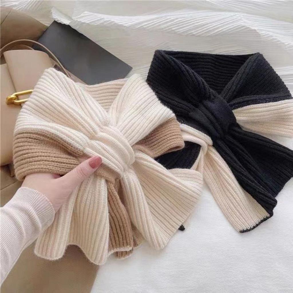 New Warm Knitted Short Scarf For Women Girls Autumn Winter Soft Cross Patchwork Colors Scarves Lady Warmer Neck Protection