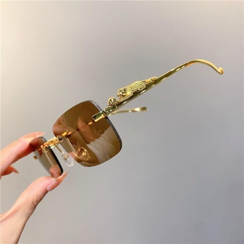 Retro Koreańskie Okulary Przeciwsłoneczne Nadmorskie Cheetah Dekoracyjne Bezramkowe Okulary Anti UV400 Gradientowe Soczewki Eleganckie