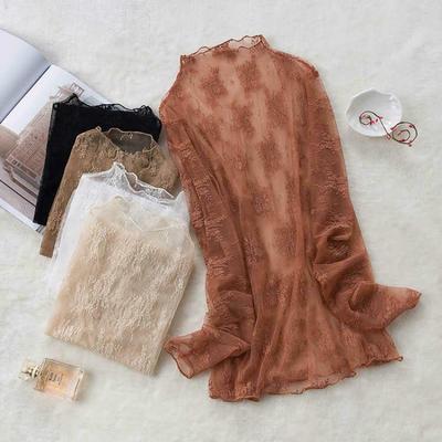 Σέξι γυναικείο δαντελωτό μπλουζάκι See Through Transparent Mesh tops Μακρυμάνικο διάφανο λεπτό γυναικείο μεταξωτό μπλουζάκι με ζιβάγκο