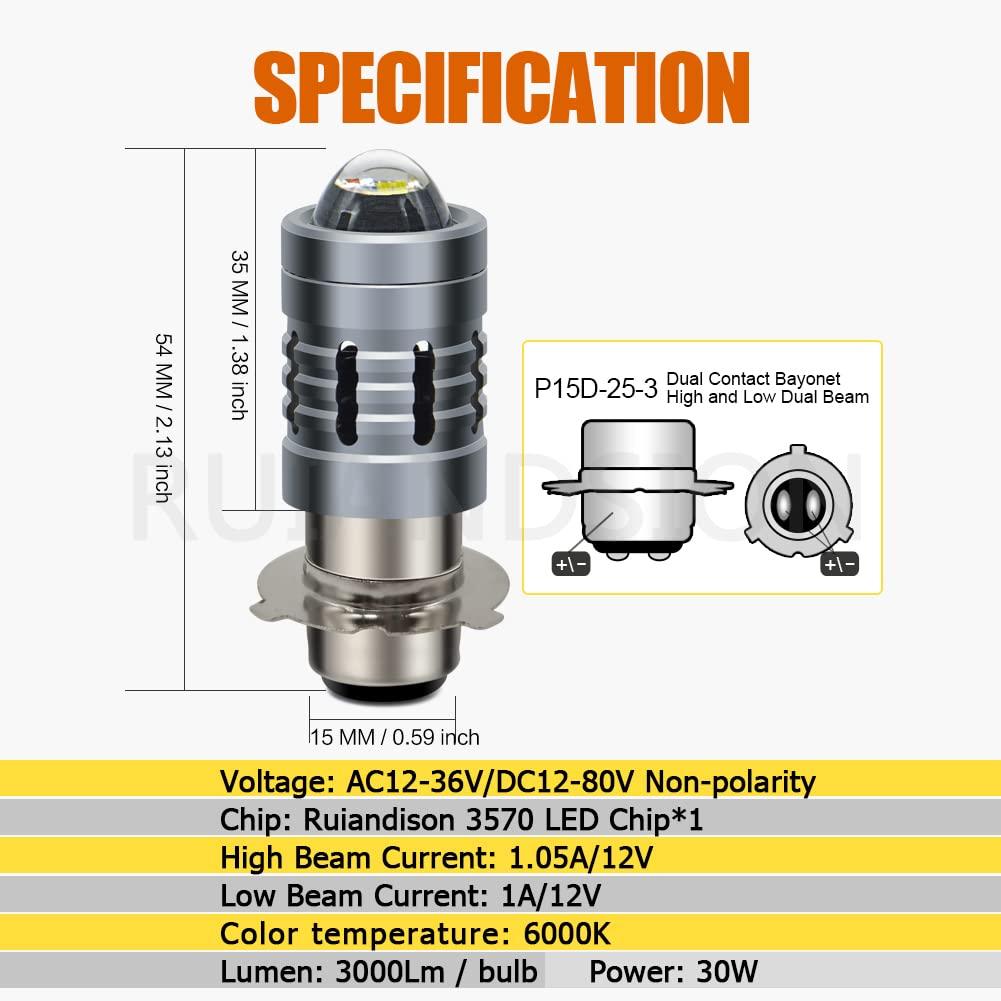 Ruiansion P15D-25-3 LED Motorcycle Headlight Bulb White AC 12-36V/DC 12-80V