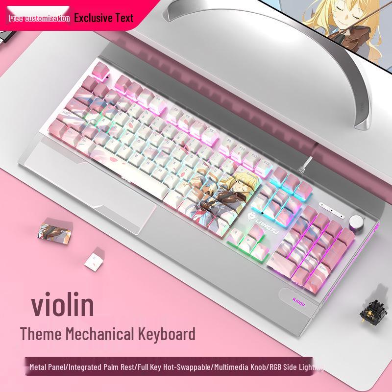 Langtu K1000 Mechanical Gaming Keyboard with Blue Switches - Custom PBT Theme for Girls & Office Use