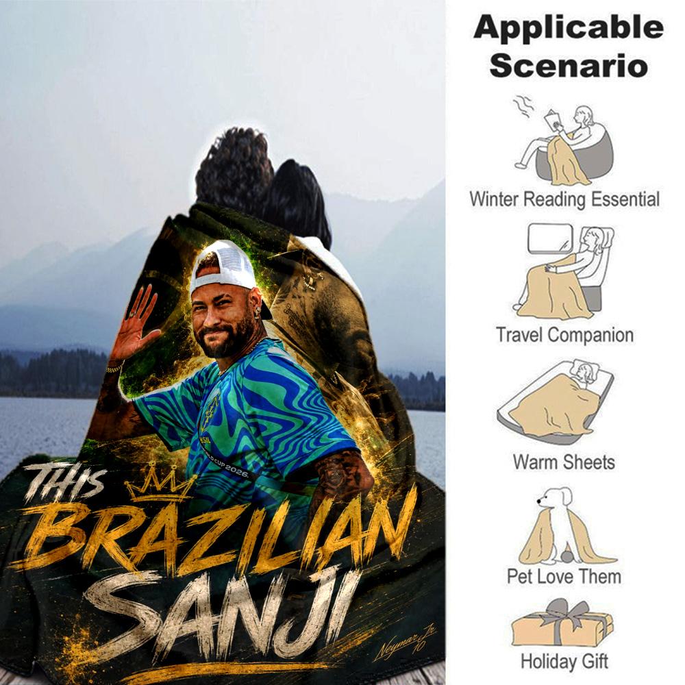 Green Gold Brazilian Style Football Player Print Flannel Throw Blanket, Soft Warm Cozy Bed Sofa Cover for Sports Fan