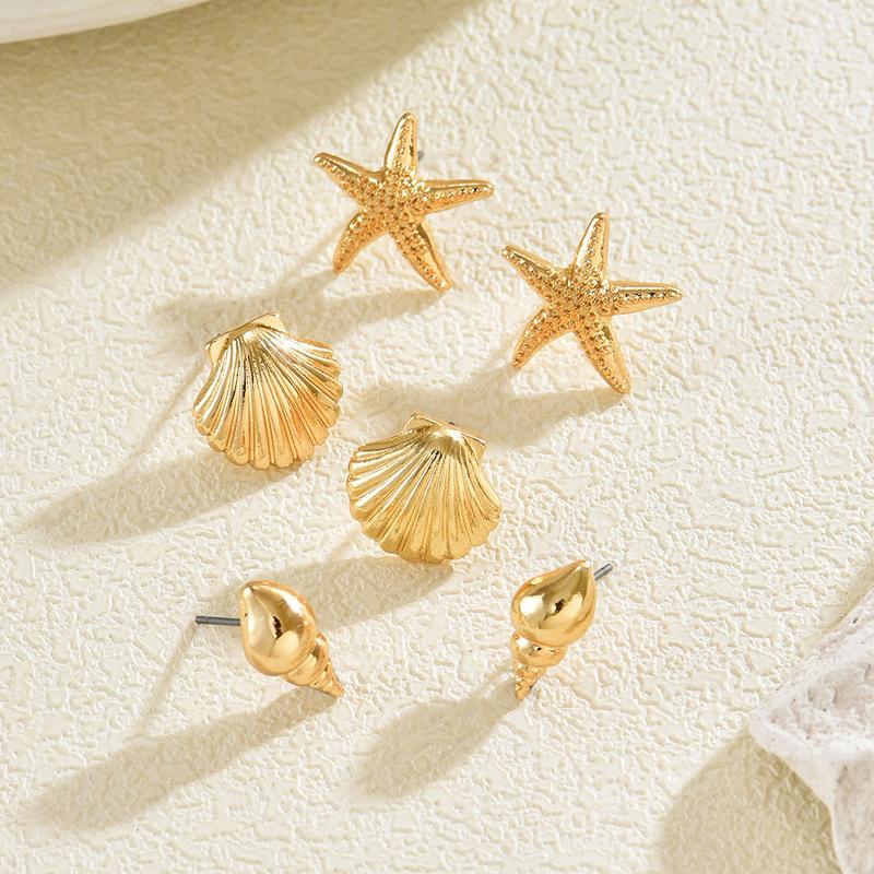 3Pairs/set Beach Style Metal Shell Star Stud Earrings Set for Women Bohemia Gold Starfish Geometric Earrings Ocean Life Jewelry