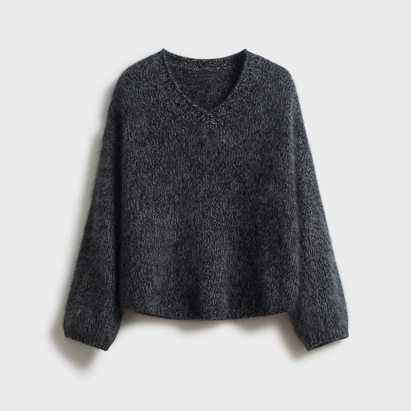 Retro V-Neck Lambswool Cashmere Bouclé Sweater