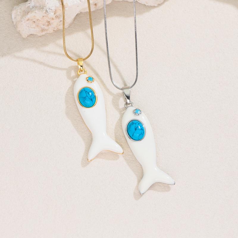 Enamel and Natural Stone Fish Pendant Necklace with Clavicle Chain