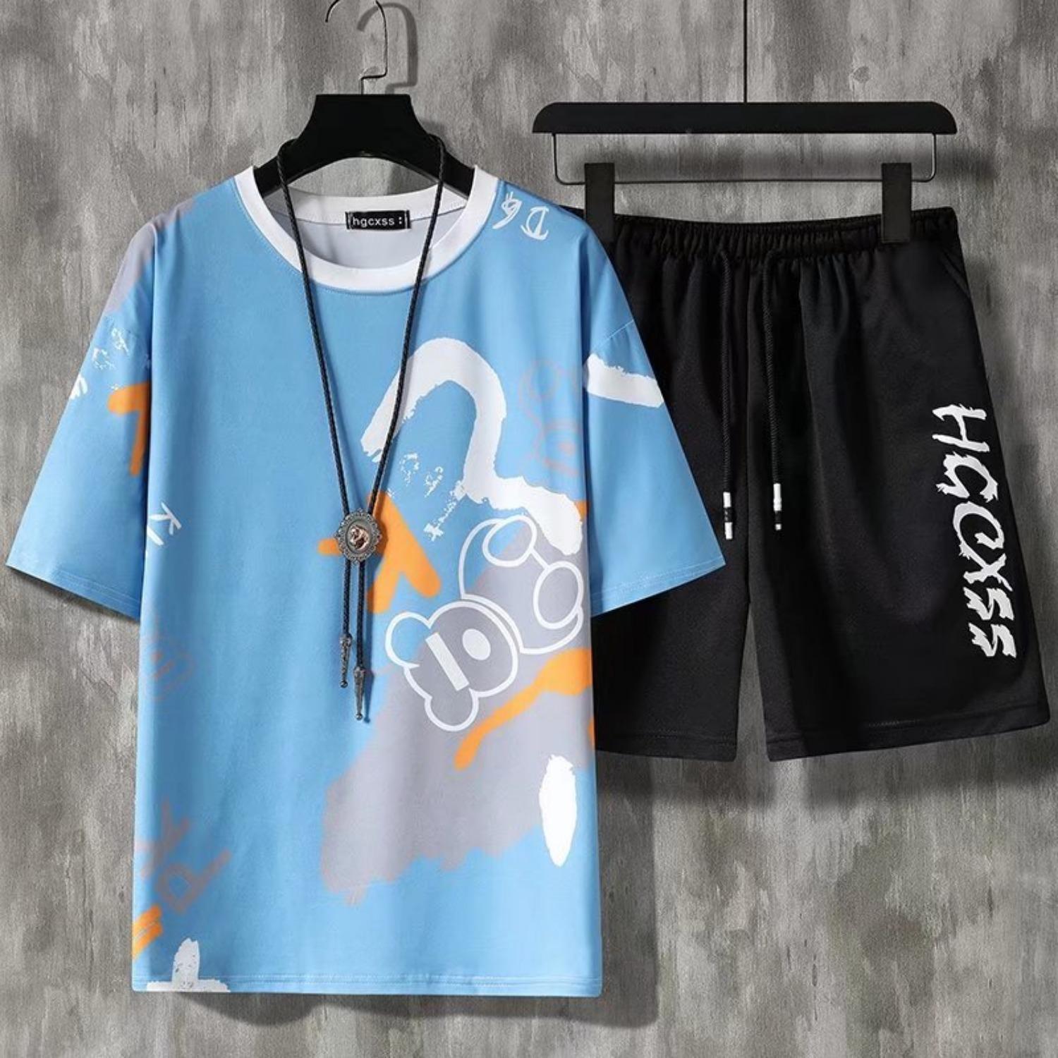 

2 casual 3D printed short sleeved T-shirts and shorts set for boys, comfortable summer children s clothing 13-14 Years