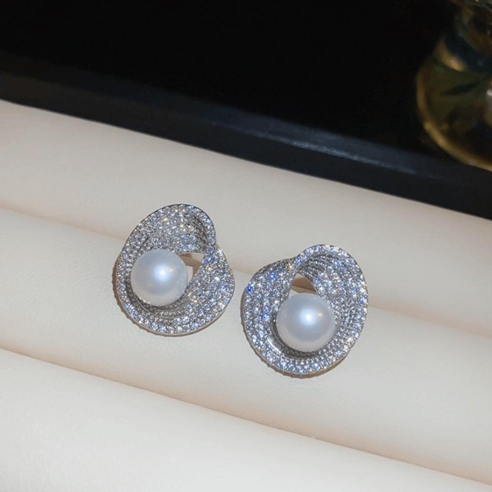 Light Luxury Pearl Stud Earrings Rhinestone Women Ear Jewelry Bright Pearl Ear Studs Girls