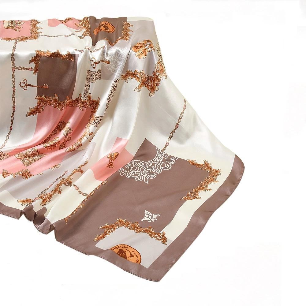 Women Imitation Silk Scarf Luxury Printed Hijab Silk Satin Shawl Foulard Square Head Scarves Wraps For Ladies 90x90CM