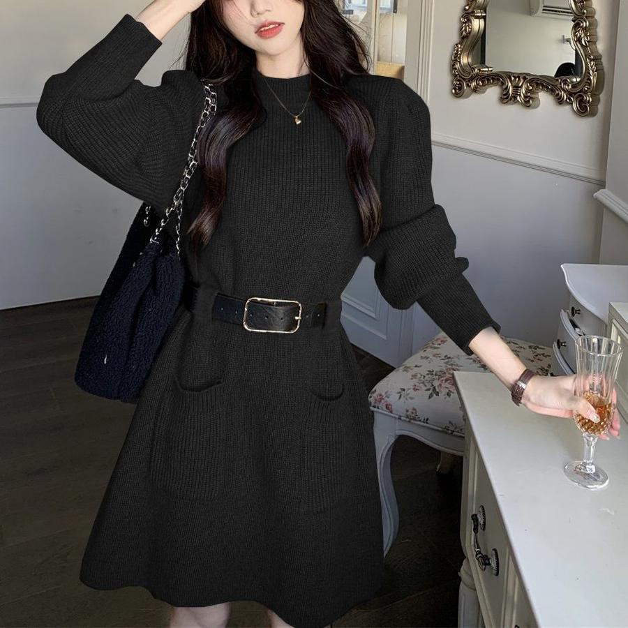 New French Style Petite Knit Dress for Women, Long Sleeve Loose Knit Base Dress for Fall Winter