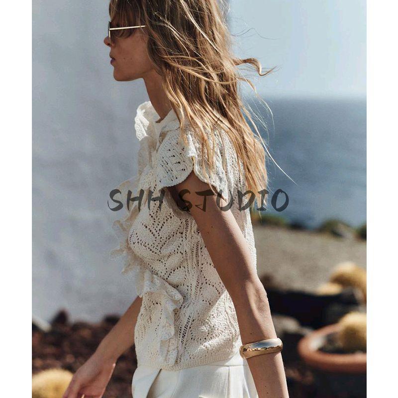 Spring and Summer New Women's Clothing Round Neck Short Sleeve Laminated Decoration Jacquard Mesh Fabric Knitting Tops 6236110