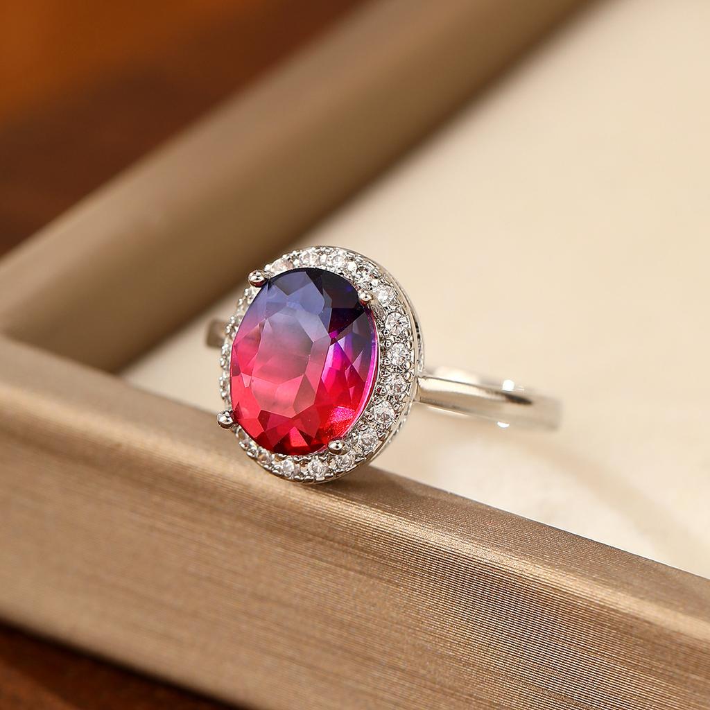 Oval Blue Red Gradient Tourmaline Stone Ring for Daily Wear Sterling Silver Design Created Change Stone Wedding Ring