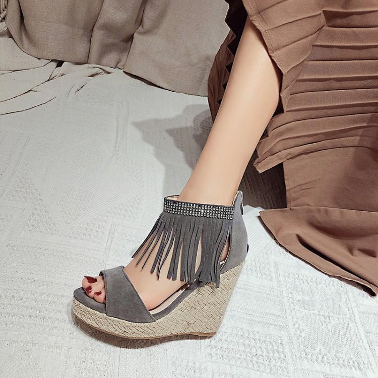 European and American Foreign Trade Sexy Rhinestone Fringed Fashion Slope Heel Sandals Women's Thin Heel Hollow Roman Shoes Large Size Women's Shoes