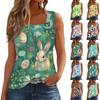 Women's Fashion Sexy Pleated Square Neck Easter Print Sleeveless Vest Top