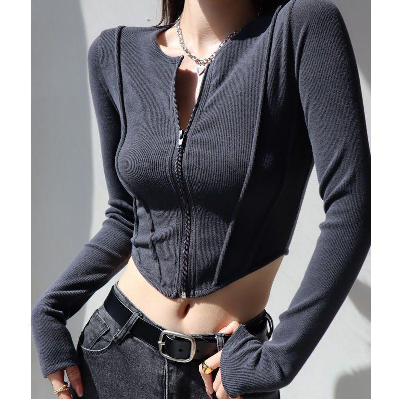 Sexy Zipper Elegant T-shirts For Women High Waist Tees Workout Cycling Sports Tops Girls Casual T-shirts
