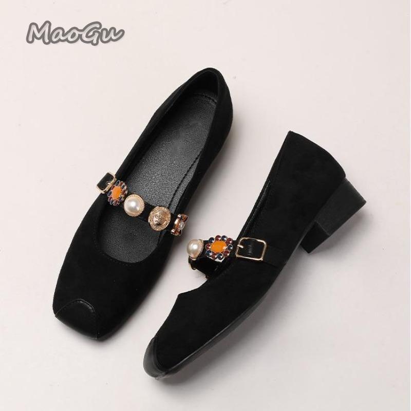 Fashion French Retro Suede Single Shoes for Women Office Ladies Low Heel Pumps Pearl Strap Mary Jane Shoes Size 35-43 Zapatos De Mujer