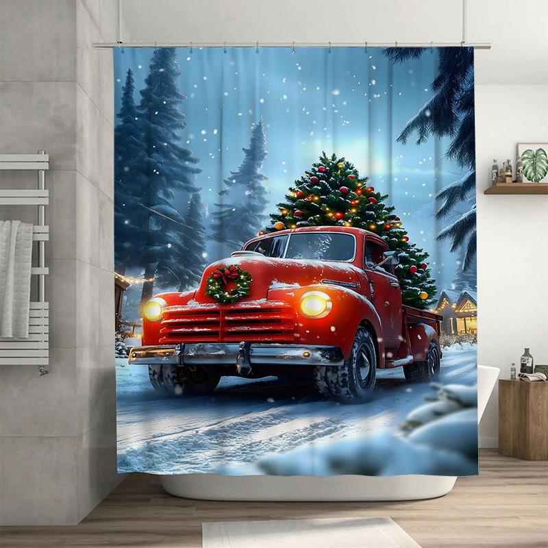 

Tuniu Vintage Red Truck Christmas Holiday Shower Curtain Farmhouse Rustic Holiday Decor Festive Winter Cozy Bathroom Set W60H190(CM)-1 Pcs