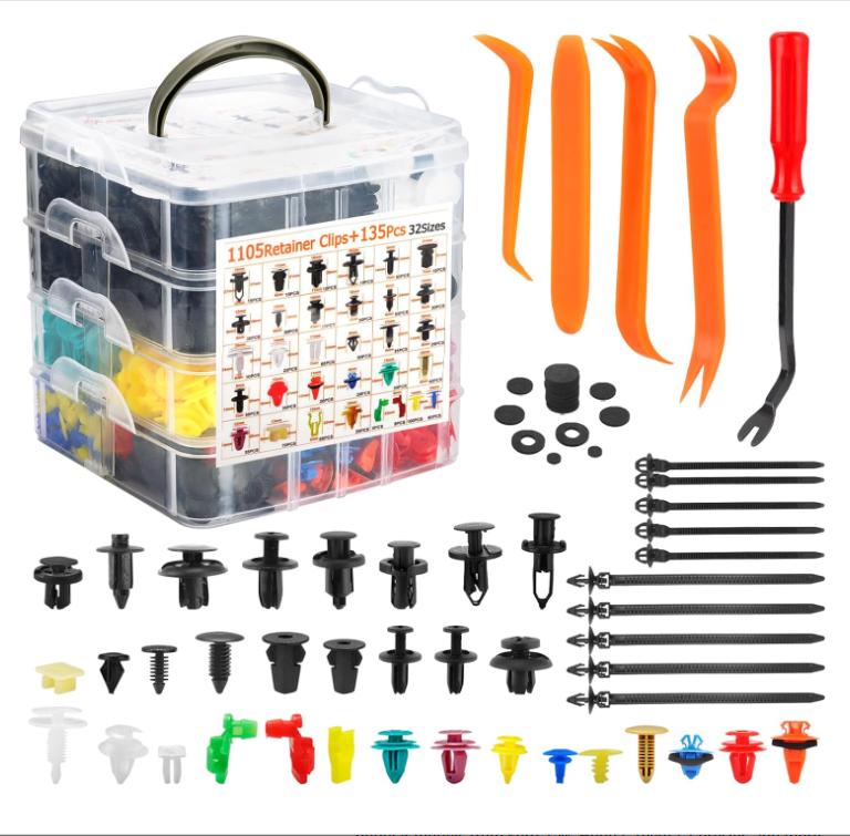

Car RetainerClips& Fasteners Kit Universal Sizes Nylon BumpeFenderRivetsDoorPanelClipsandPlasticRivetswith10CableTiesandRemovalToolforToyotaFord
