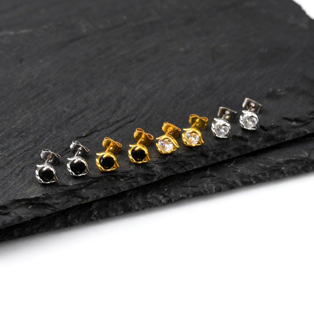 Vnox Copper Black White Zircon Stud Earrings for Men Women, Gold Silver Color Pierced Earring, 7x8.6mm Minimalist Jewelry Gifts