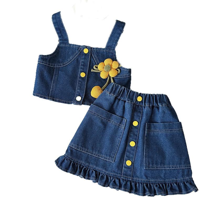 Girls Denim Overall Skirt Set 2 Piece Spring Autumn Baby Girl Fashionable Jeans Suspender Dress Outfit
