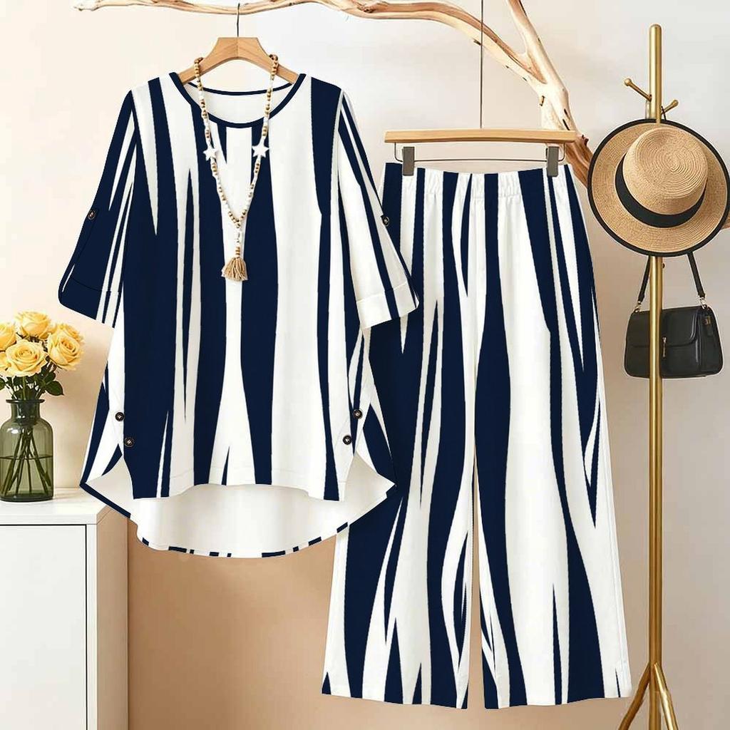 Women's 2‑Piece Outfit, Geometric Grid 3/4 Sleeve Irregular Hem Top & Wide Leg Pants Set, Casual Loose Matching Suit